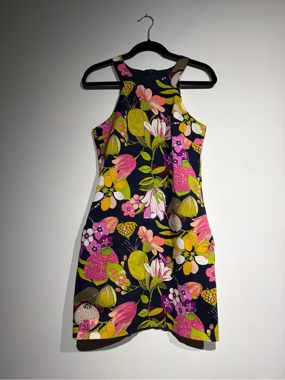 Trina Turk Navy Floral Halter Mini Dress with Pink & Green Accents